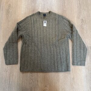 GAP Vintage Sweater Mens‎ L Green/Beige 100% Lambswool Ribbed Crewneck